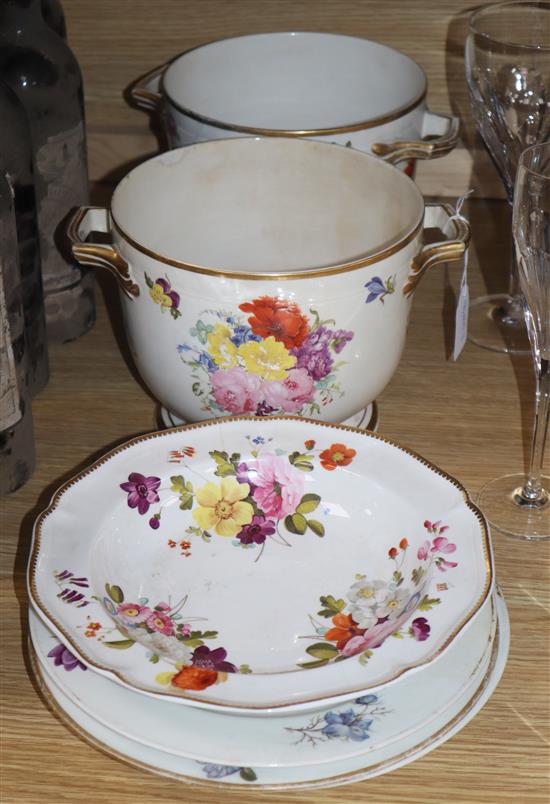 A pair of 19th century Derby flower-decorated jardinières, three similar plates and a soup plate jardinieres H.16cm